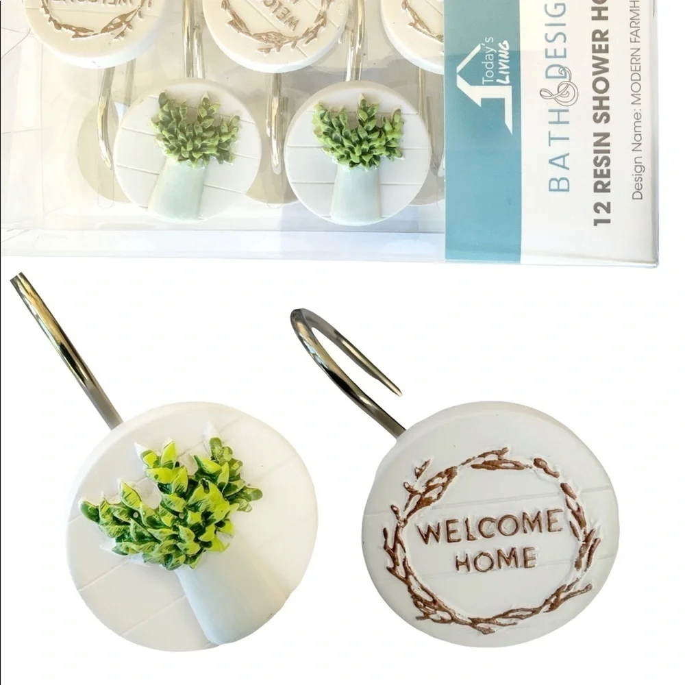 Modern Farmhouse Shower Curtain Hooks Set of 12 Welcome Home White Green Brown